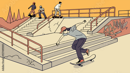 "Skateboarders in Action at Urban Skate Park Illustration"
