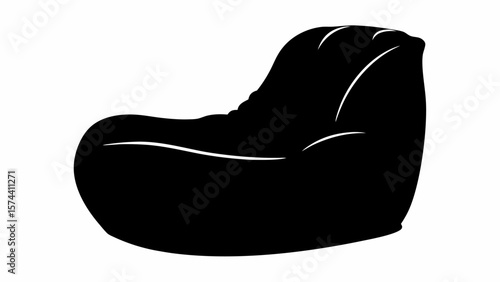 Silhouette of a black beanbag chair with visible seams and a curved backrest on a white background design