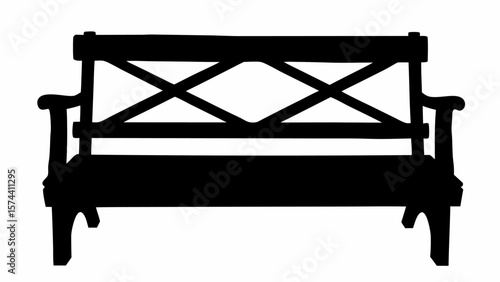 Silhouette of a park bench with armrests and a criss cross pattern on the backrest in black and white
