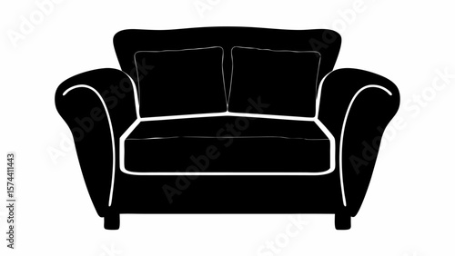 Illustration of a loveseat with two cushions and curved armrests in black and white silhouette style