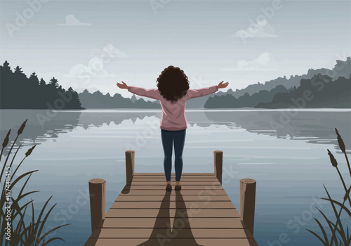 Woman with Arms Outstretched on a Lakeside Dock Peaceful Scene.