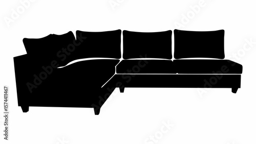 Silhouette illustration of a sectional sofa with cushions and a corner piece on a white background view