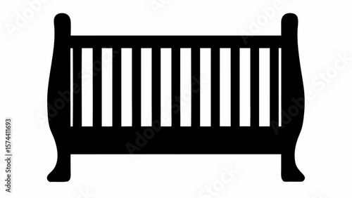 Illustration of a baby crib with vertical bars and curved headboard in black and white color scheme