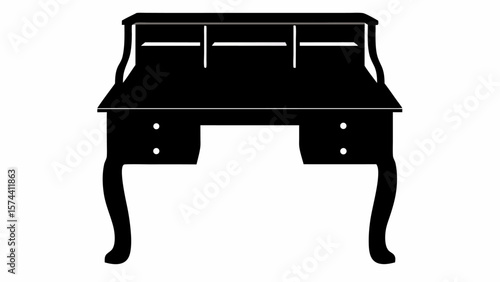 Illustration of a black antique desk with drawers and curved legs and a top shelf and dividers