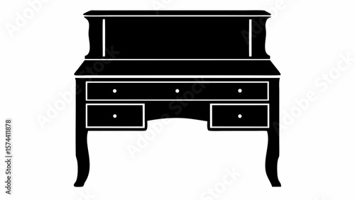 Illustration of a black vanity table with drawers and curved legs against a white background in silhouette