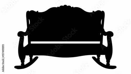 Silhouette of an ornate rocking loveseat with curved back and armrests and decorative details shown