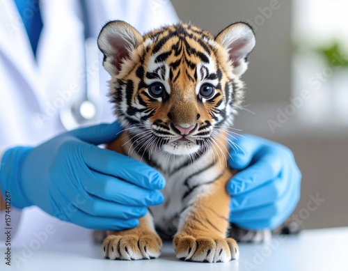 Cute tiger cub examined by vet