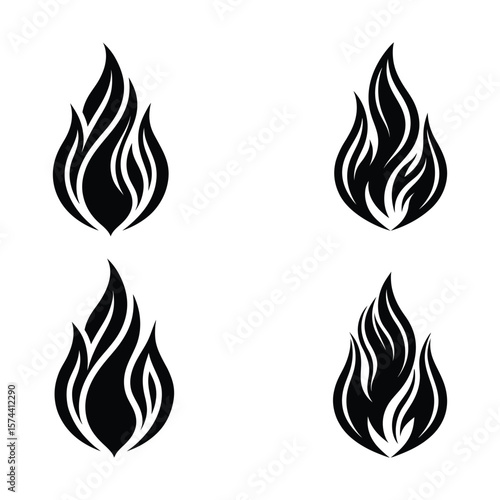 Set of four black flame silhouette icons. Stylized fire vector designs perfect for tattoos, decals, logos, prints, and graphic design projects.