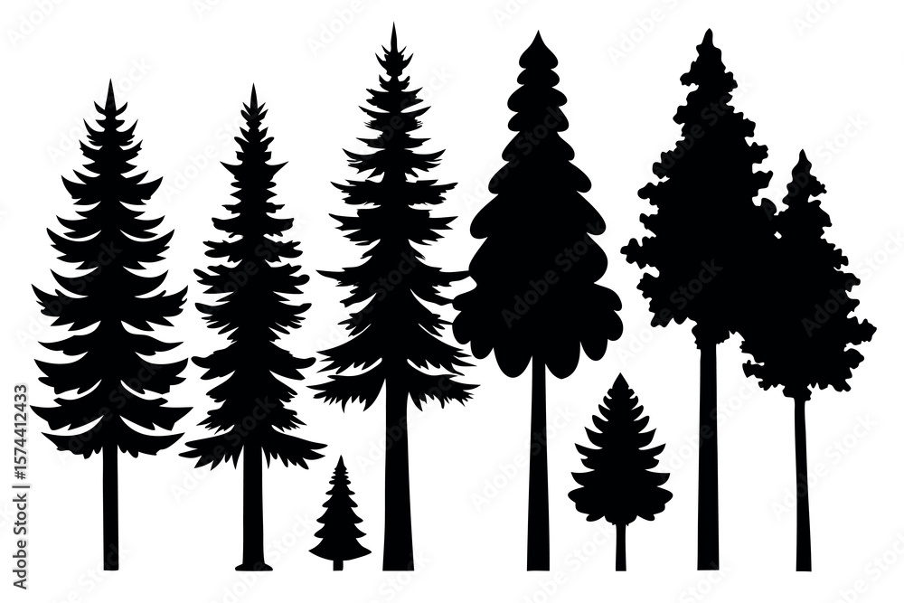 Obraz premium Silhouettes of Pine and Fir Trees in a Natural Forest Setting – Vector Design