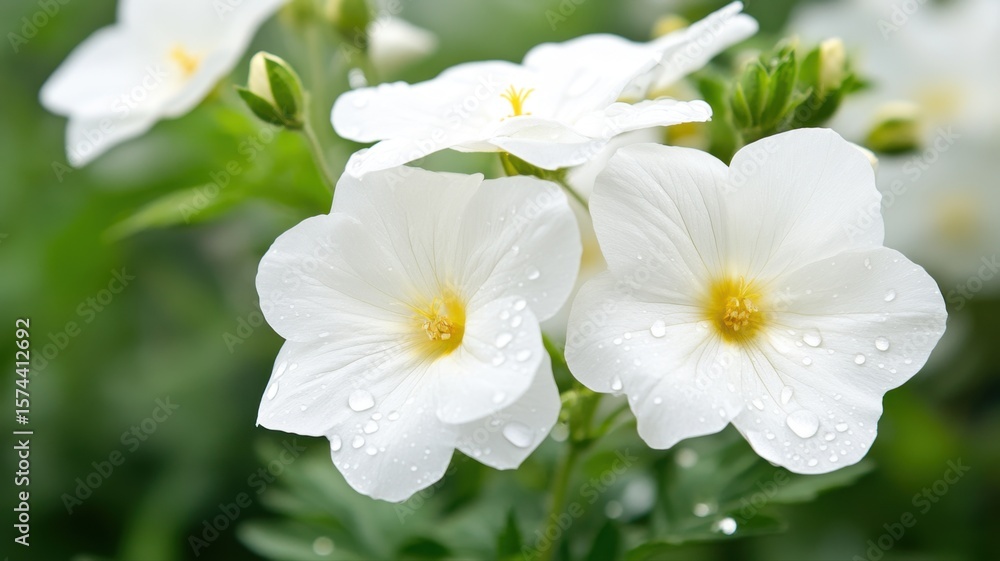 Obraz premium Close-up of White Flowers with Water Droplets on Petals white flower water droplets dew rain macro