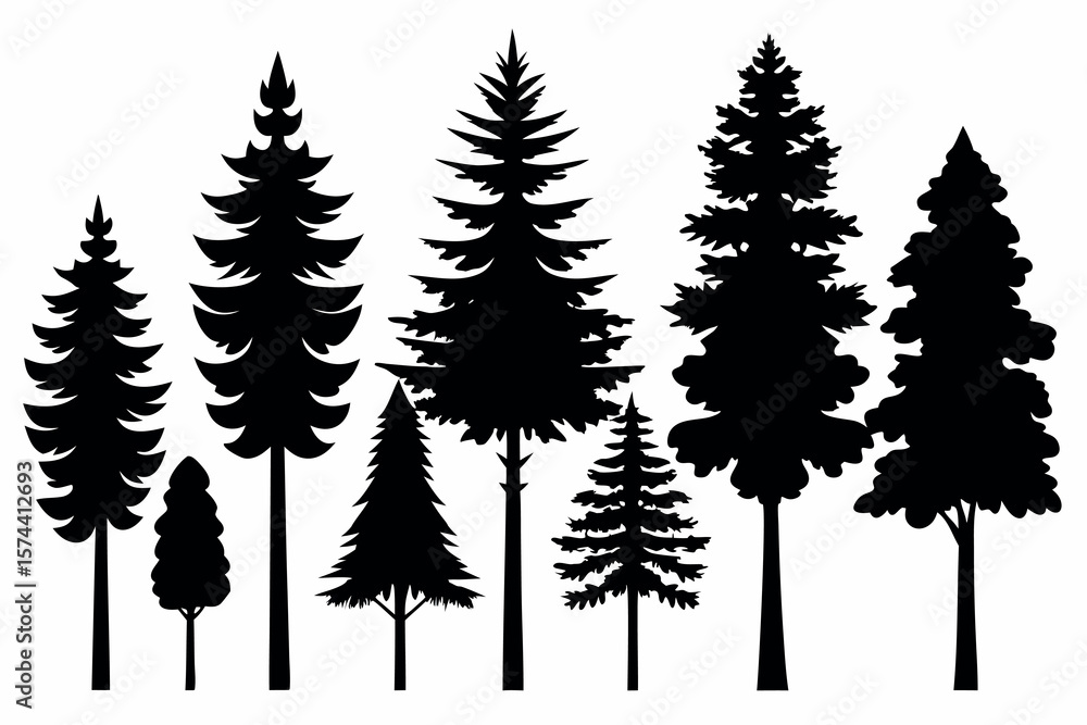 Fototapeta premium Evergreen Pine Tree Vector Silhouettes – Isolated Set with White Background