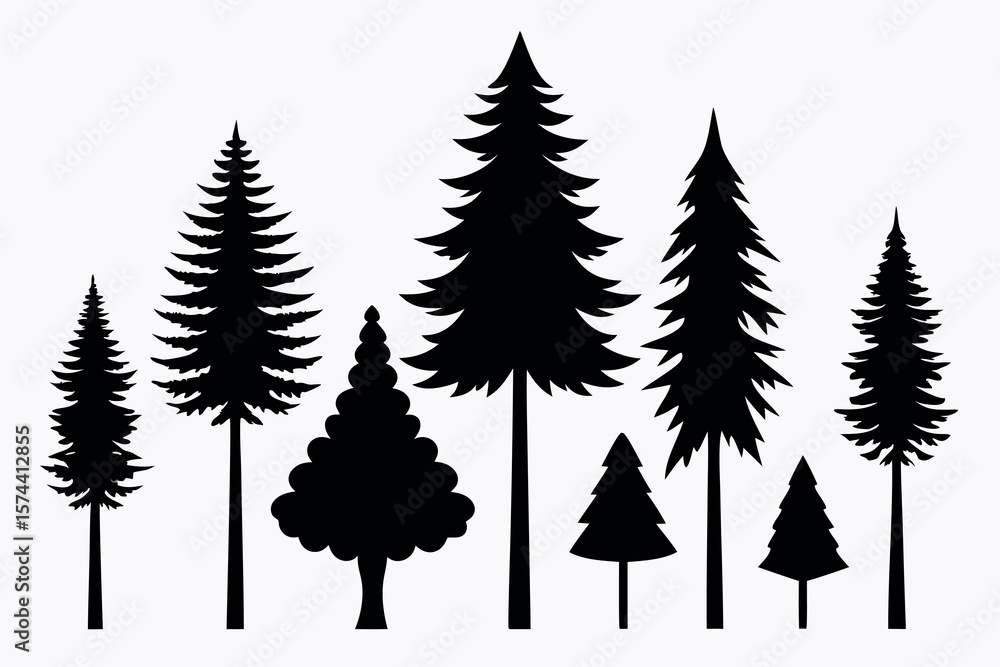 Obraz premium Evergreen Pine Tree Vector Silhouettes – Isolated Set with White Background