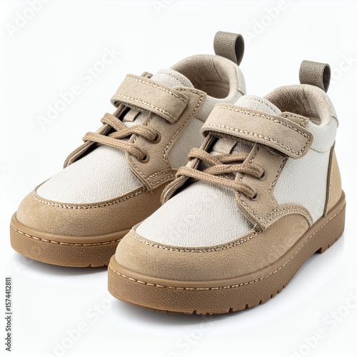 Beige and white children's casual shoes with velcro straps detailed isolated footwear on white background