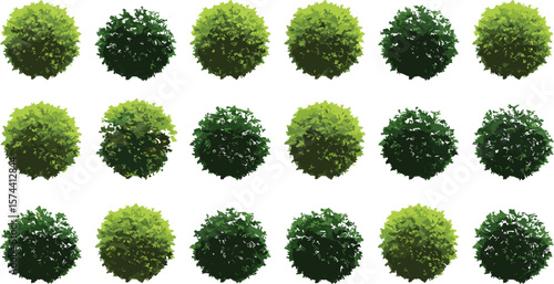 Realistic green bush collection, top-down foliage icons for game design, landscaping elements, nature assets, vector shrub set illustration