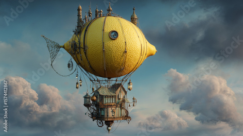 Surreal hot air balloon shaped like lemon
