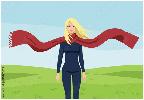 Blonde Woman in Dark Blue Outfit with Flowing Red Scarf.