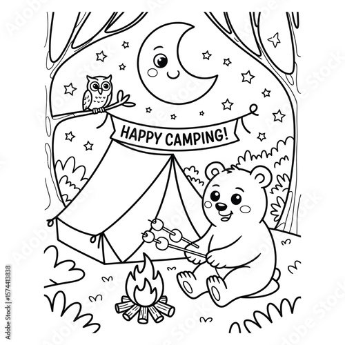 Cute forest camping scene coloring page with tent, cartoon bear, owl, moon, stars, and campfire in black and white line art style