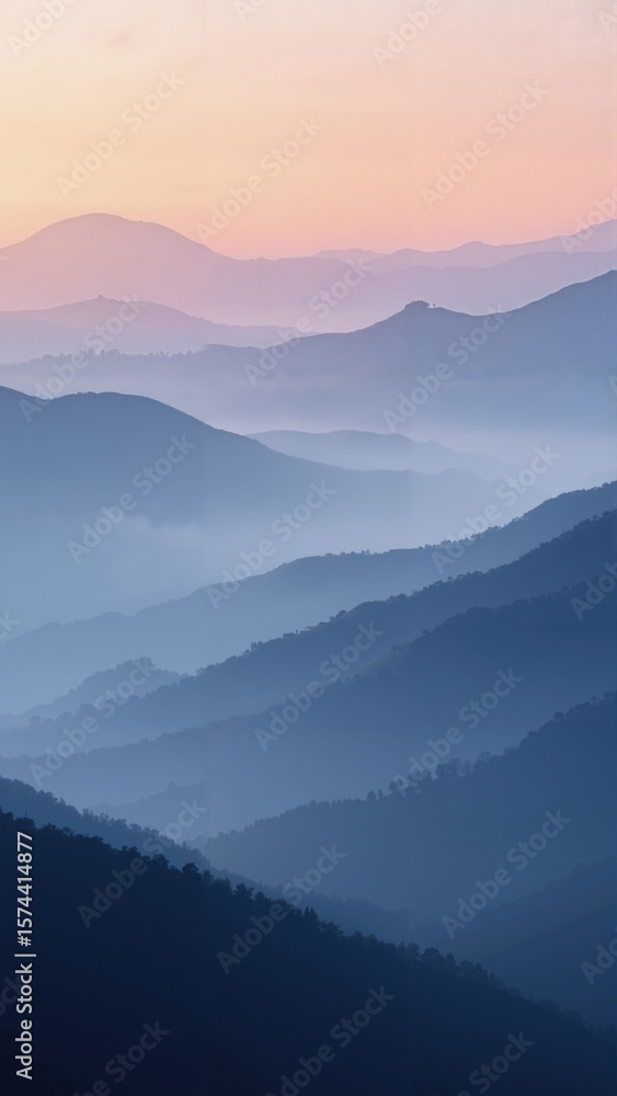 Fototapeta premium Fog rolling across layered hills at dawn, pastel light gradients with dreamy atmospheric landscape composition