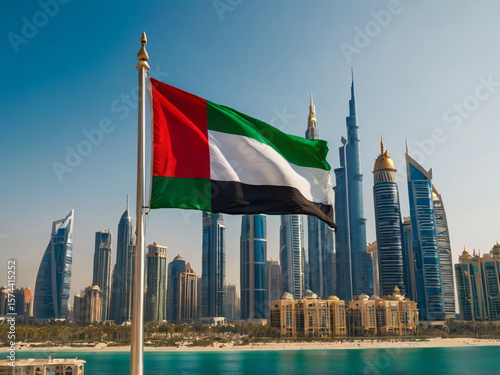 United Arab Emirates flag waving against modern city skyline green white
