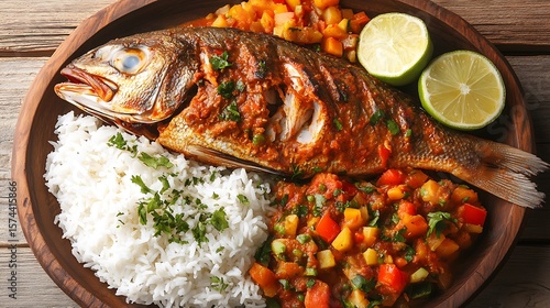 Roasted fish with rice and vegetables on a wooden plate.