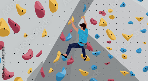 Vector Illustration of Man Bouldering on Indoor Rock Climbing Wall