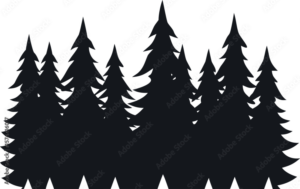 Obraz premium Evergreen Tree Silhouettes in Forest Landscape – Black Vector Collection