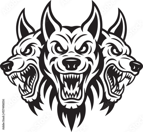 A fierce three-headed wolf, Cerberus, guards the underworld with snarling jaws.

