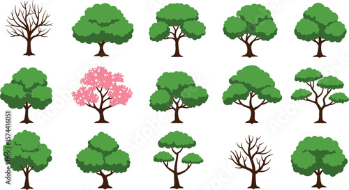 Cartoon style trees set, seasonal forest illustration, flat green foliage and bare tree collection, nature element graphic for landscape design