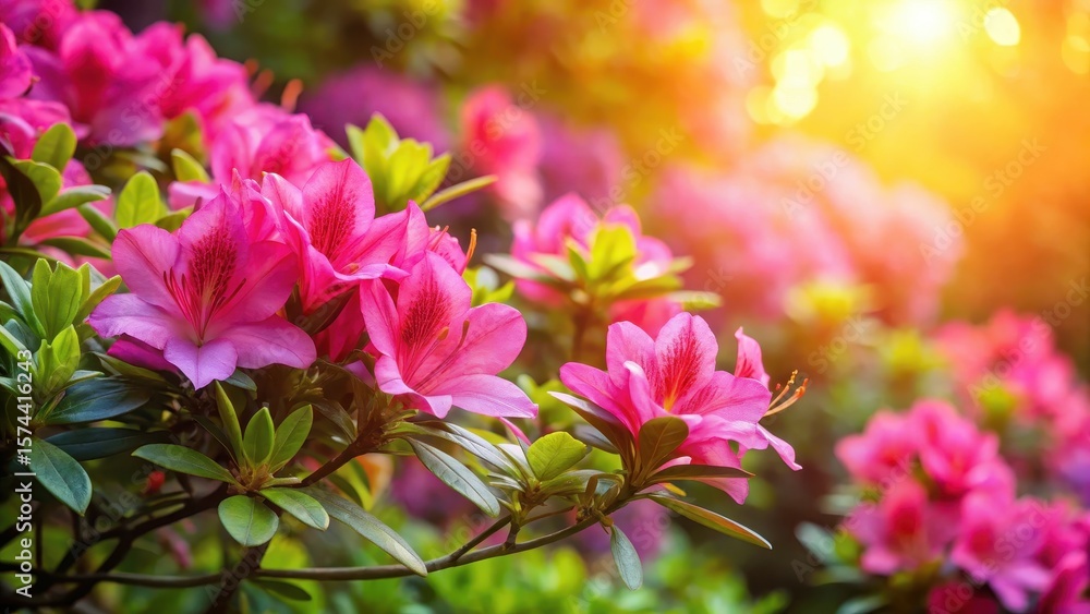 Fototapeta premium Vibrant pink azalea flowers blooming in a garden with warm sunlight filtering through leaves
