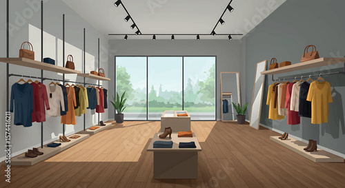 Modern Clothing Boutique Interior with Stylish Fashion Apparel Displays