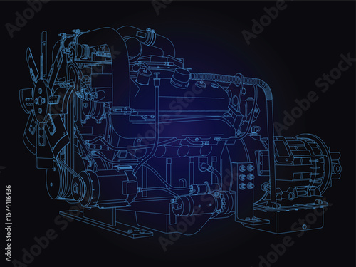Diesel Engine Drawing, digital hand drawn line illustration
