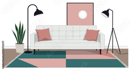 Modern Minimalist Living Room Interior Illustration with White Sofa and Pink Accents
