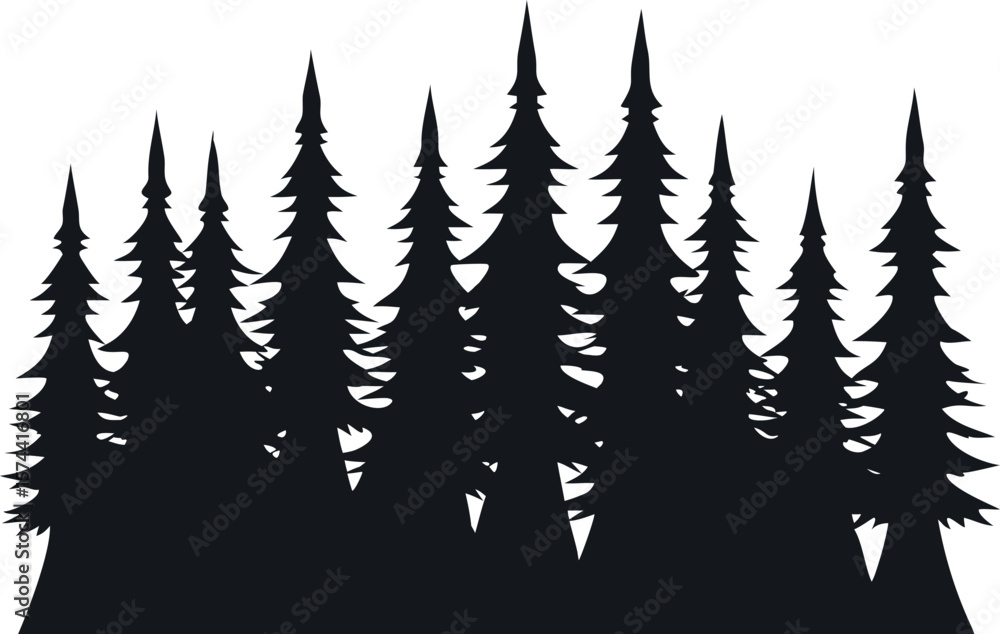 Fototapeta premium Evergreen Tree Silhouettes in Forest Landscape – Black Vector Collection