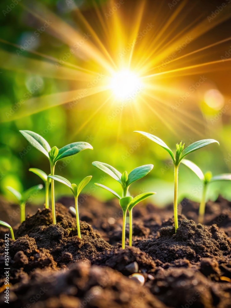 Fototapeta premium Seedlings in Abundant Soil with Radiant Sunlight