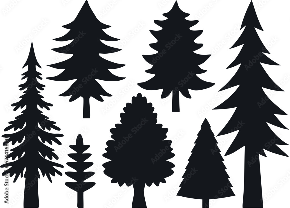 Fototapeta premium Evergreen Tree Silhouettes in Forest Landscape – Black Vector Collection
