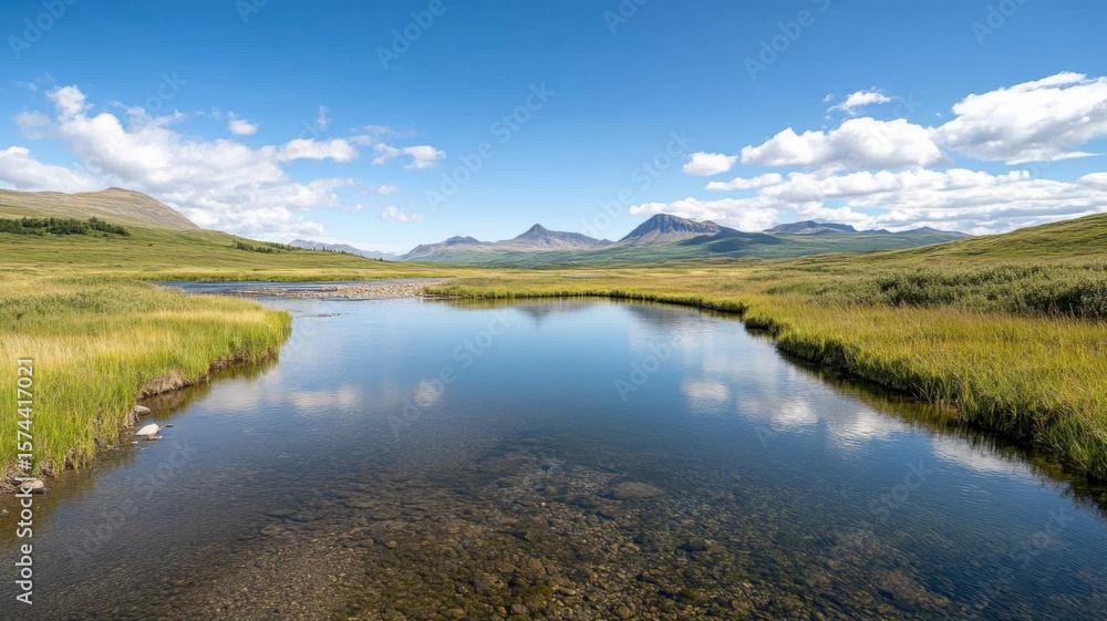 Fototapeta premium Scenic Mountain River Flowing Through a Green Valley Under Blue Sky river valley mountain green pure