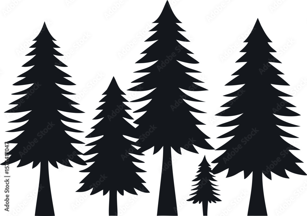 Obraz premium Evergreen Tree Silhouettes in Forest Landscape – Black Vector Collection