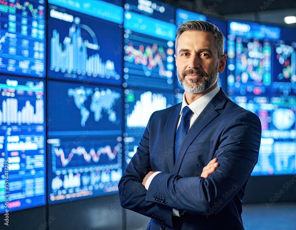 Businessman in front of digital screens Businessman in front of digital screens