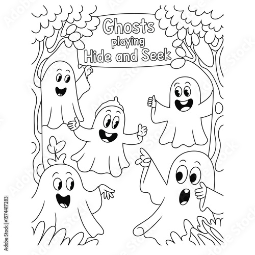 Three playful ghosts playing hide and seek in a vintage house with curtain, clock, books, and decorative furniture coloring page