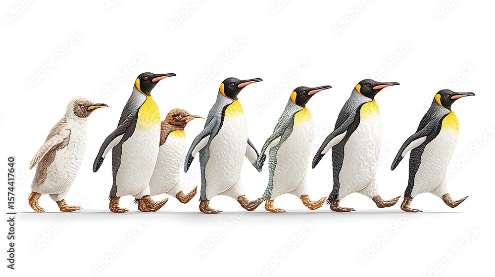 Fototapeta premium Pixel Art King Penguins March in a Row on White Background