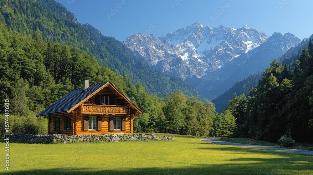 Obraz premium Mountain chalet nestled in green valley against a backdrop of snow-capped peaks under a clear blue sky