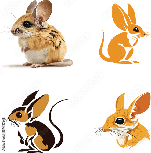 Jerboa rodent illustrations, various styles on whitevector eps