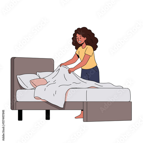 Young woman making her bed with white blanket indoors, white background, isolated, vector    
