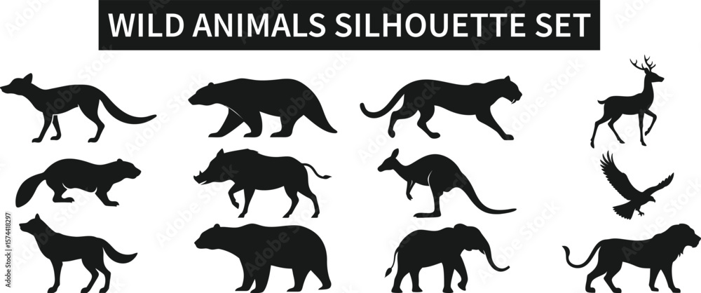 Naklejka premium Black Silhouettes of Wild Animals – Vector Set of Jungle, Forest, and Safari Wildlife vectors design