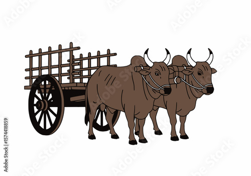 Solid color vector of a bullock cart with two bulls, using only black and brown tones, flat minimal style on white background