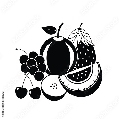 Mixed Fruit Composition in Black and White – Vector Illustration

