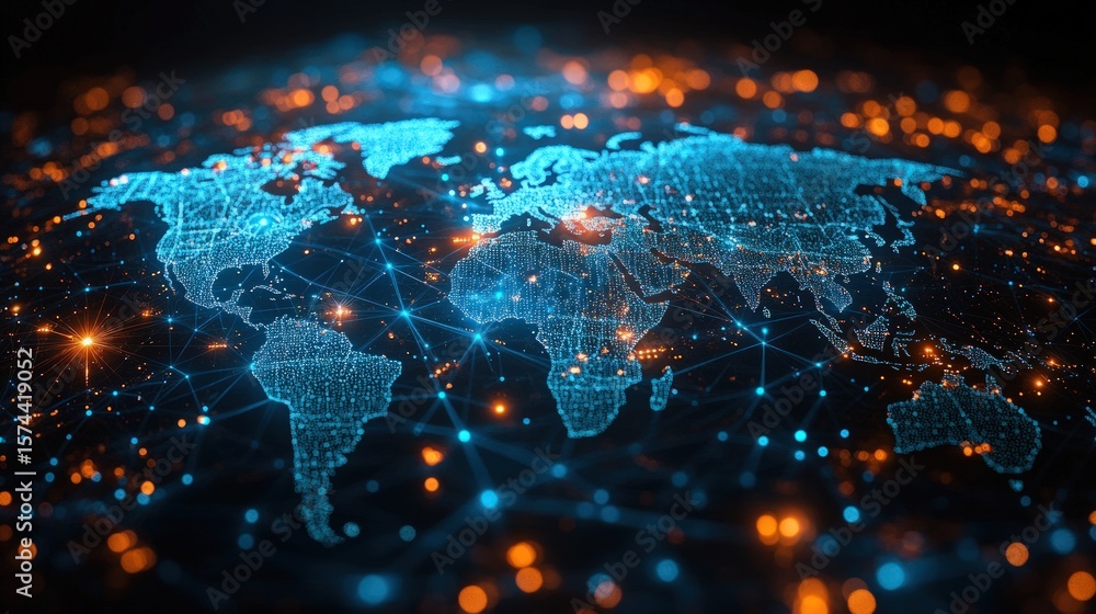Fototapeta premium World map overlayed with interconnected dots and lines, glowing blue and orange against a blurred background