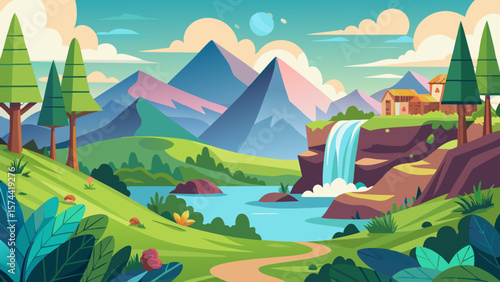 Vector art of a picturesque mountain landscape featuring a cascading waterfall into a clear river with a path leading to a small village