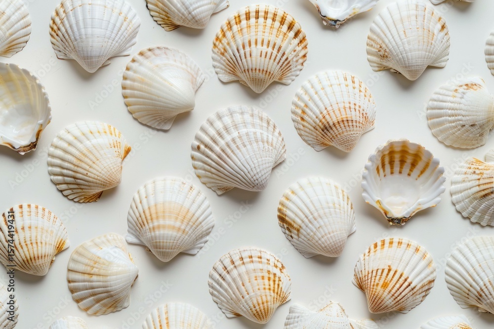 Pattern of seashells lying on white background creating summer holiday atmosphere Pattern of seashells lying on white background creating summer holiday atmosphere