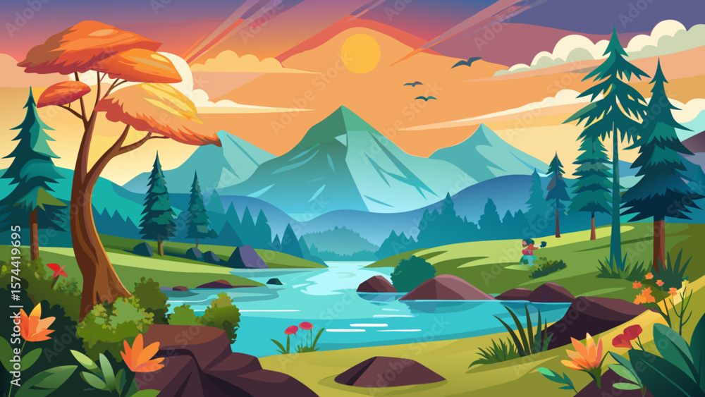 Obraz premium Vector art of a colorful illustration of a serene mountain landscape with a river during sunset